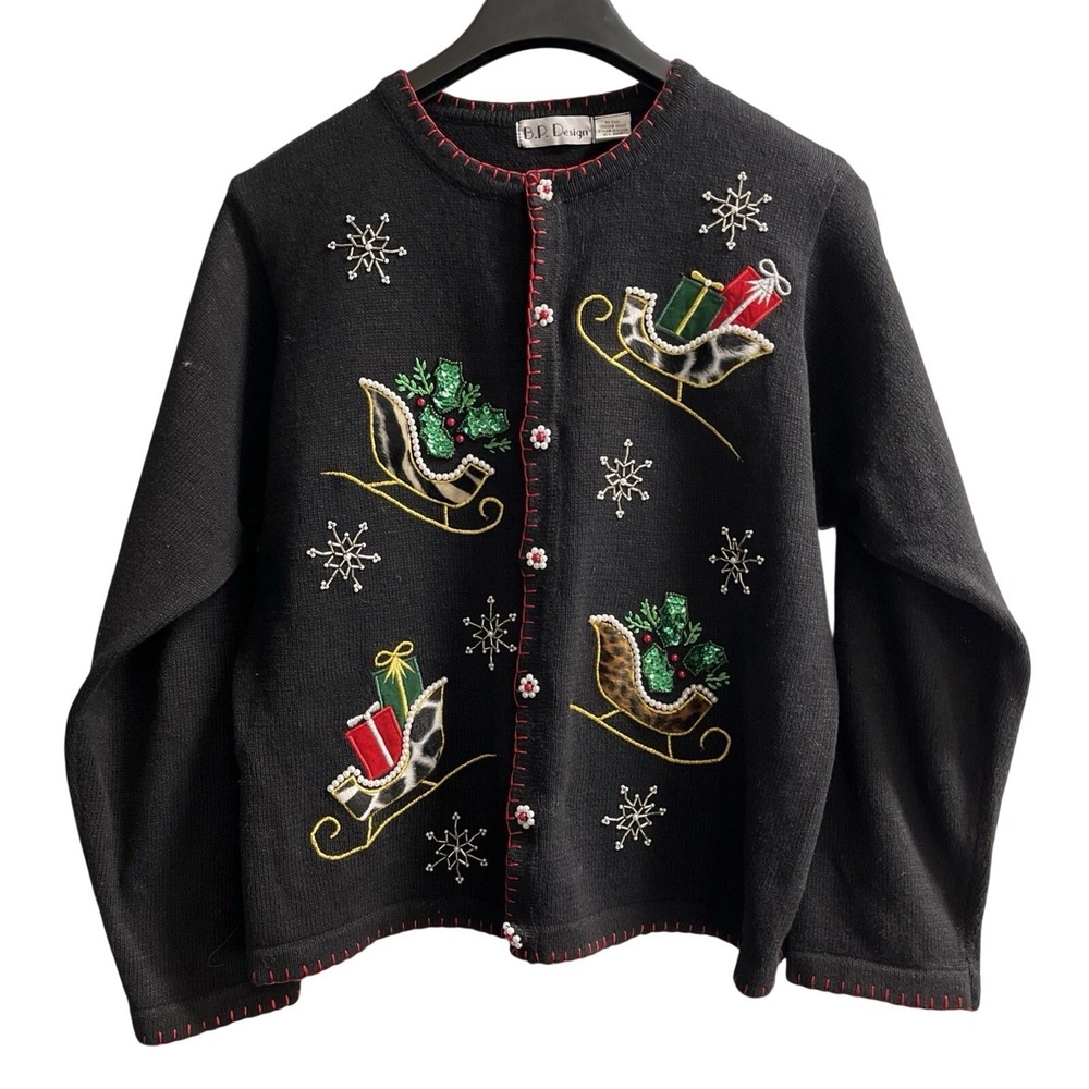 BP Design Christmas Sweater Womens L Black Cardigan Sequin Beaded Embroidered
